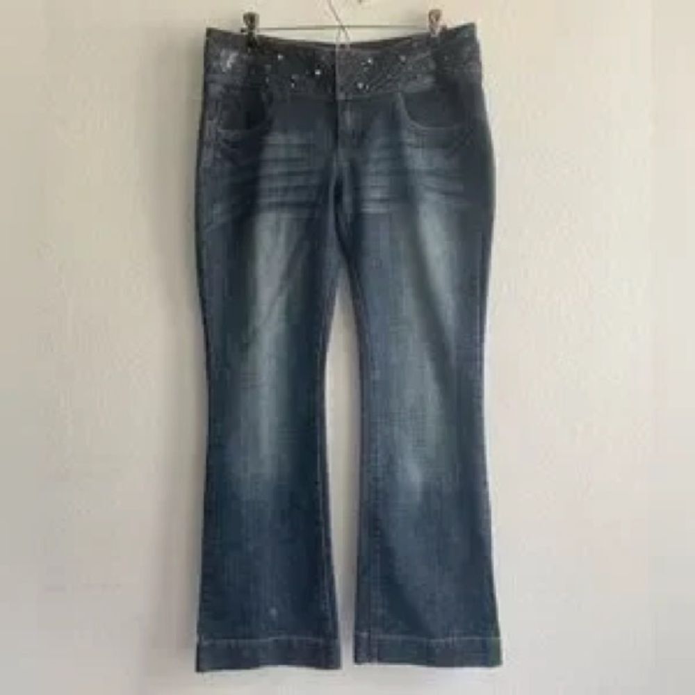 HINT Blue Flare Wide Leg Jeans with Faded Wash and bedazzling at waist